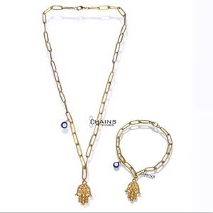 Hand & Eye Necklace & Bracelet SET Stainless steel gold plated paperclip chains